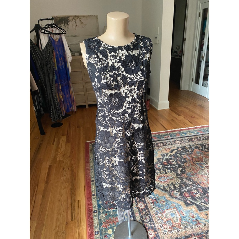 Ryan Michelle Black Floral Guipure Lace Sheath Dress DR08 Medium Sleeveless